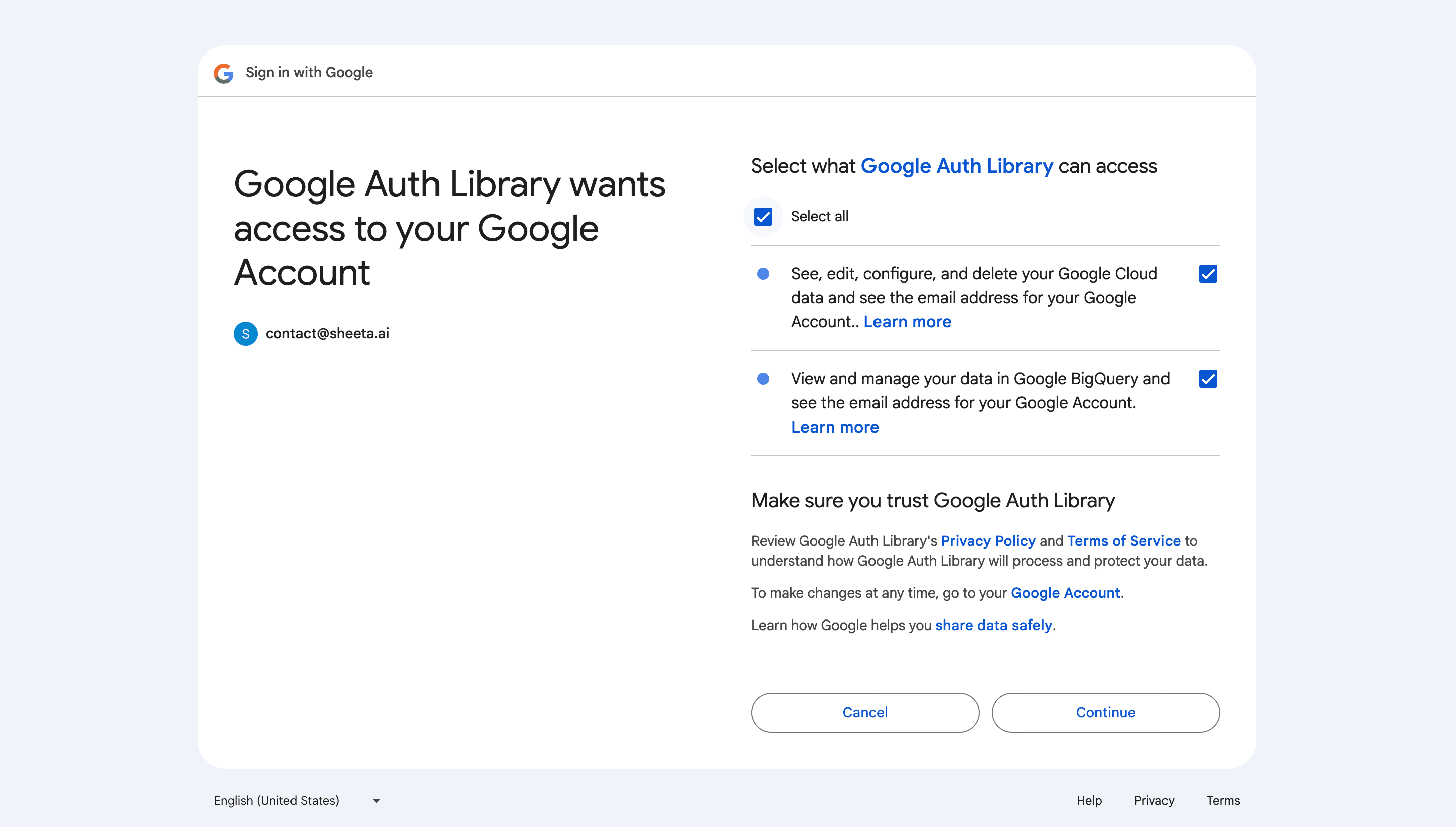 BigQuery connection modal after Google login