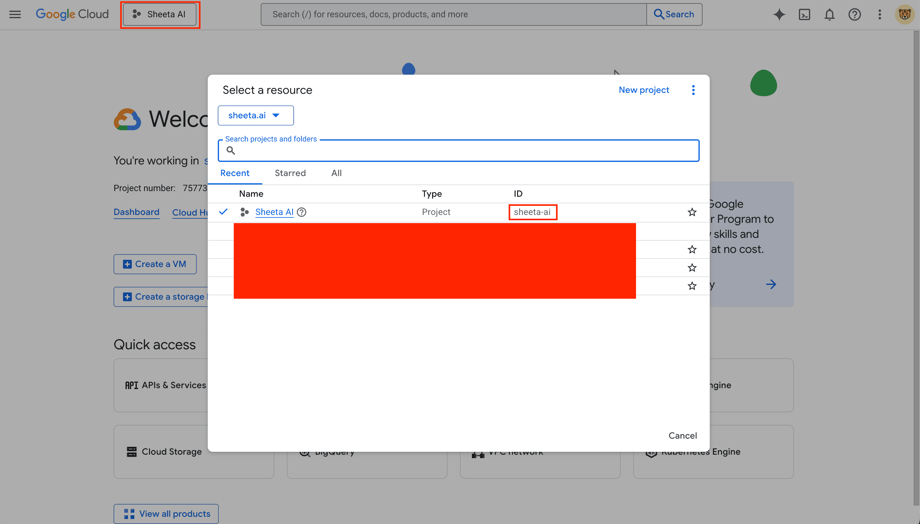 Google Cloud Console showing project ID