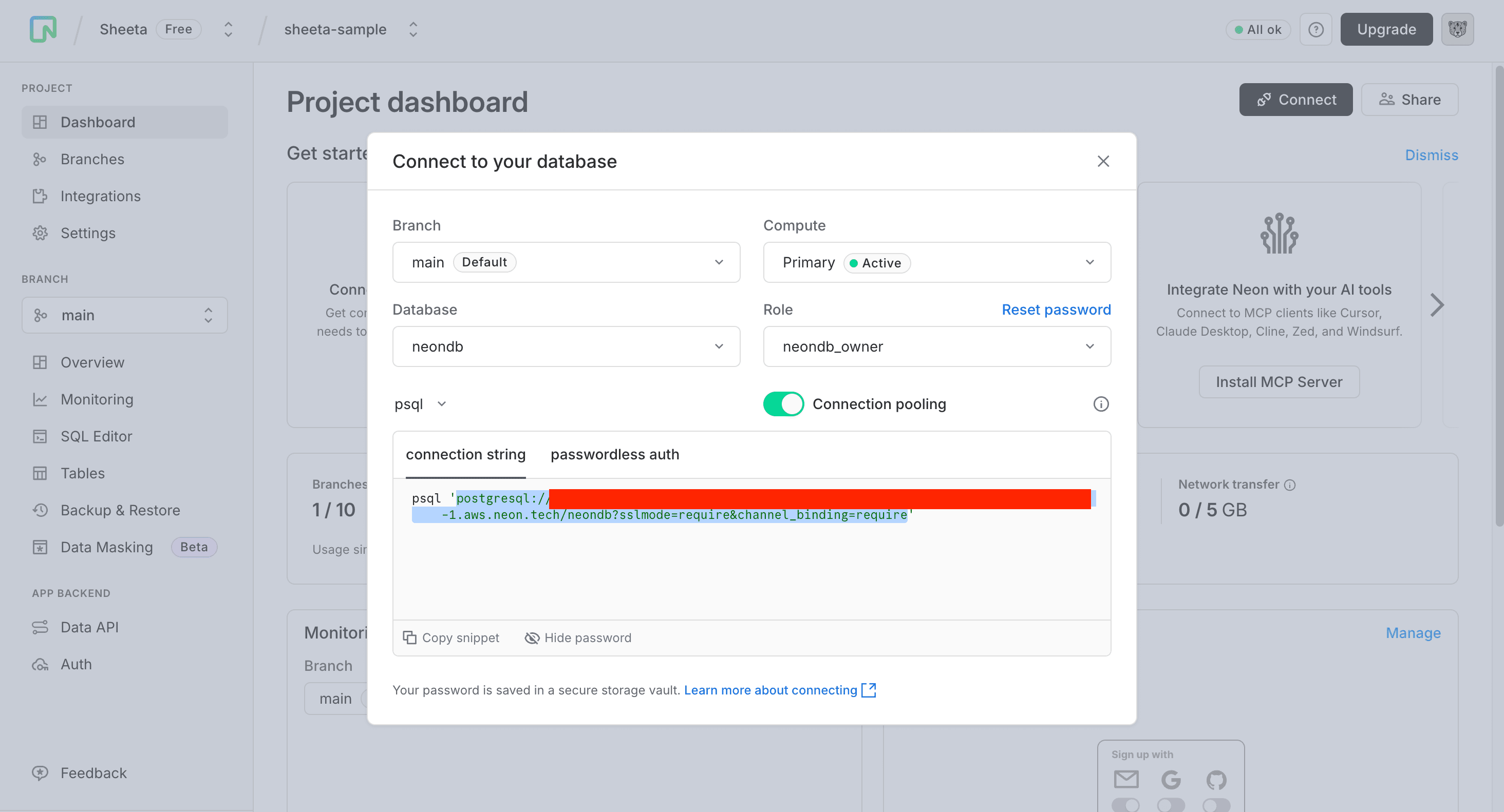 Neon connection modal with connection URL