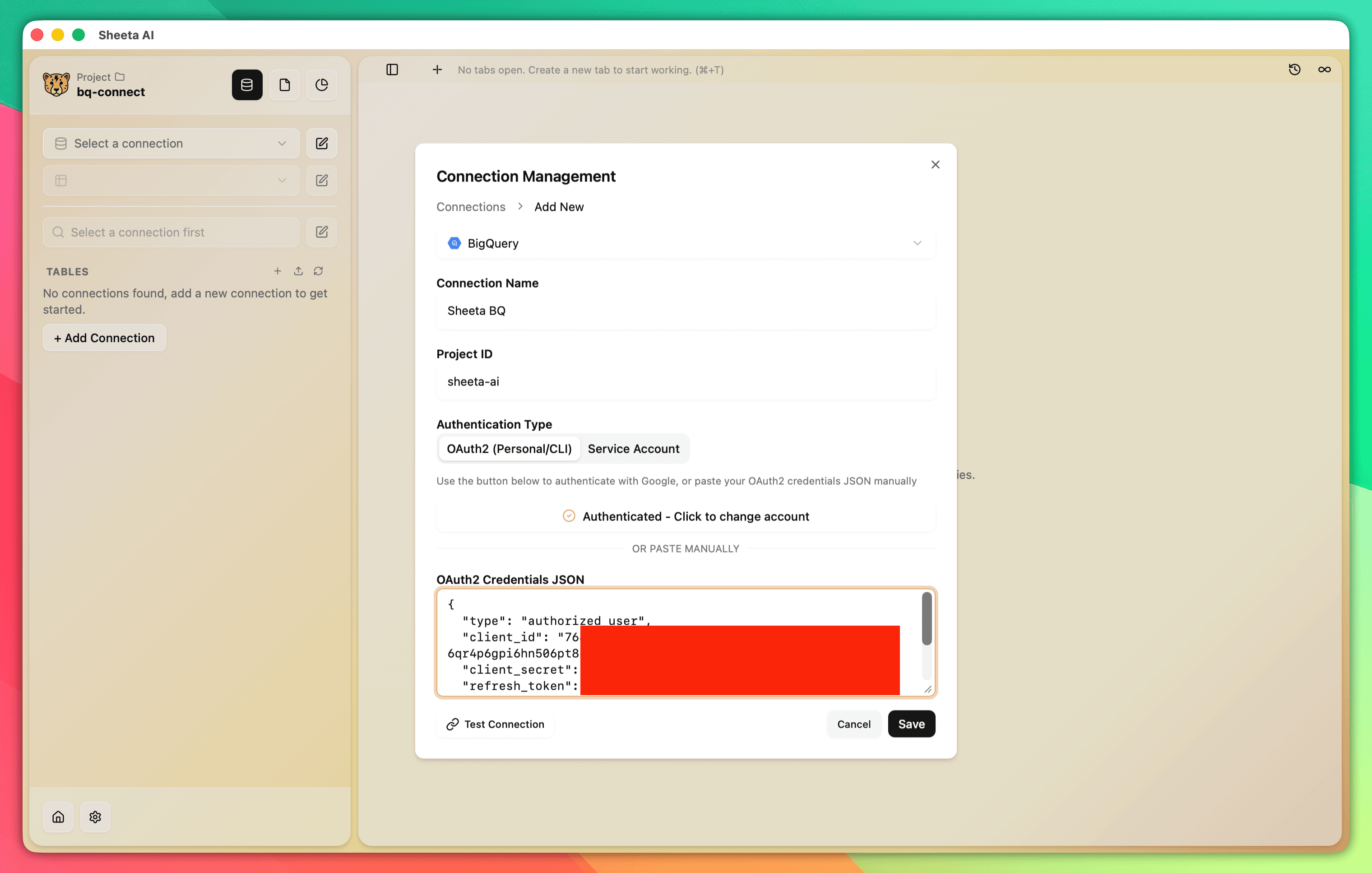 BigQuery connection modal after Google login