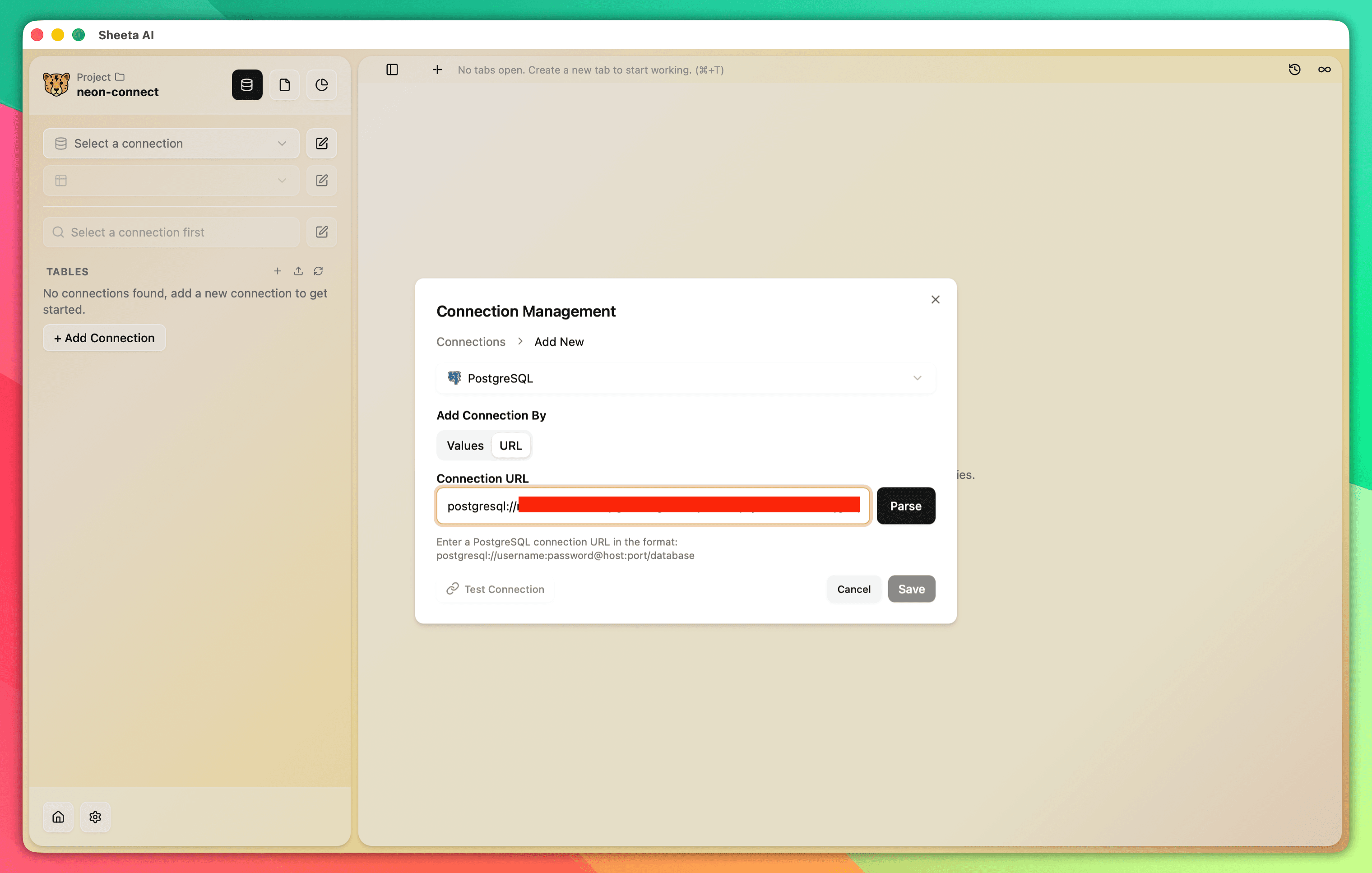 Sheeta AI connection modal with Neon URL