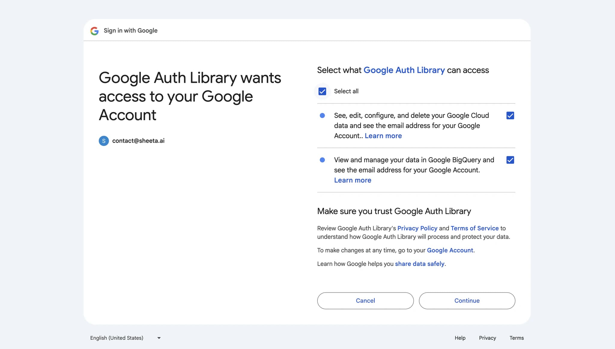 BigQuery connection modal after Google login