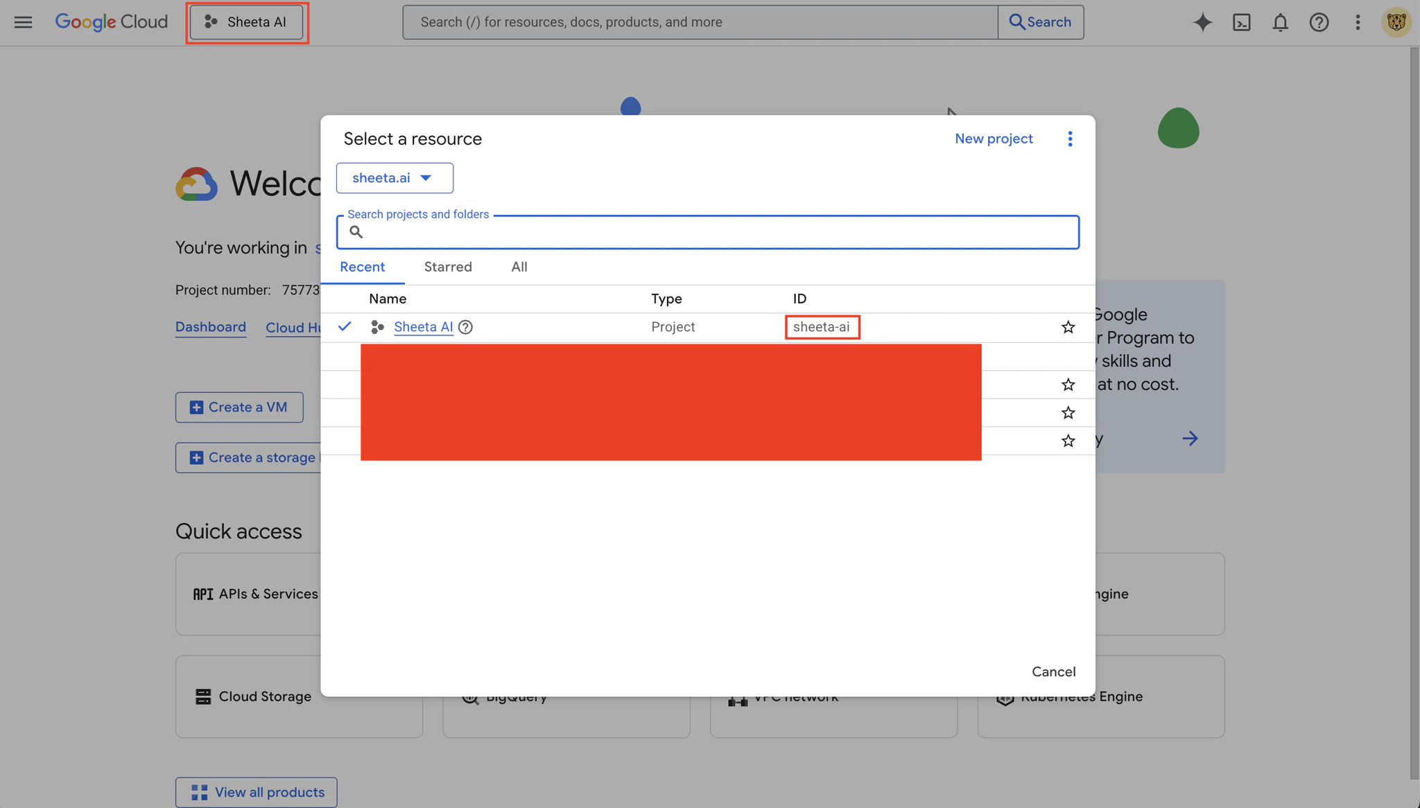 Google Cloud Console showing project ID