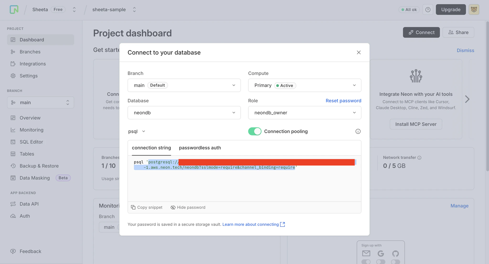Neon connection modal with connection URL
