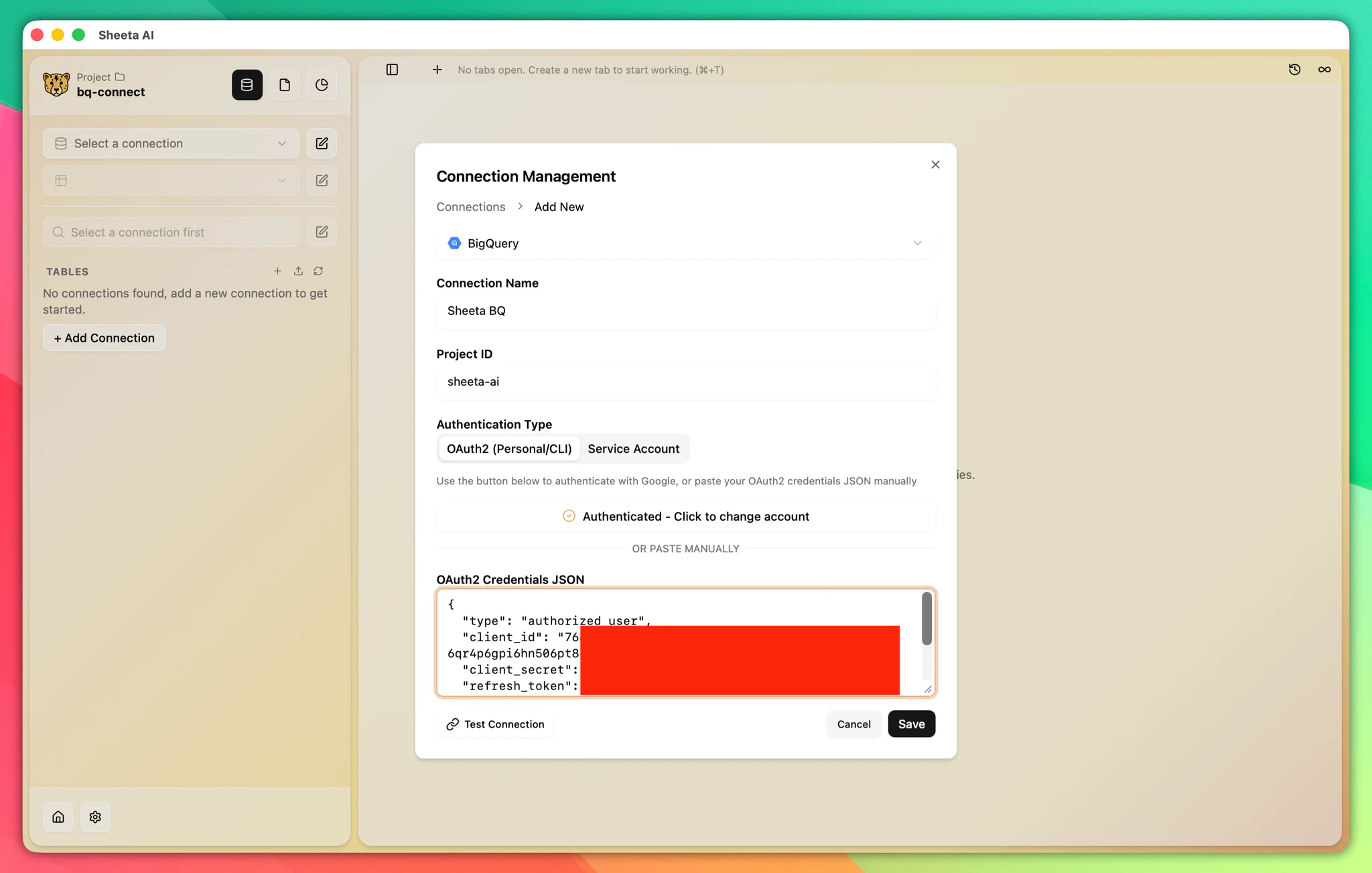 BigQuery connection modal after Google login