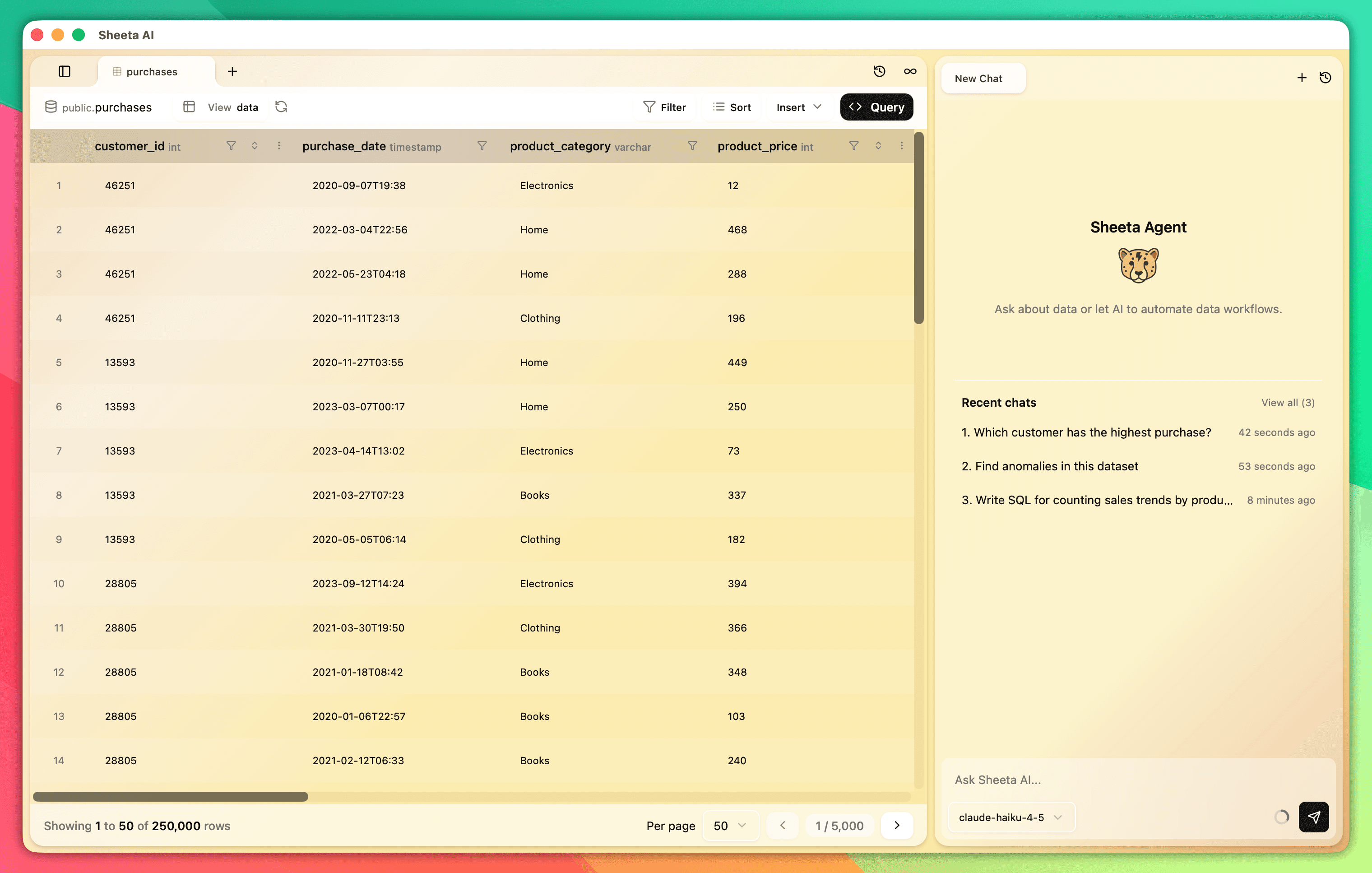 Sheeta AI chat history
