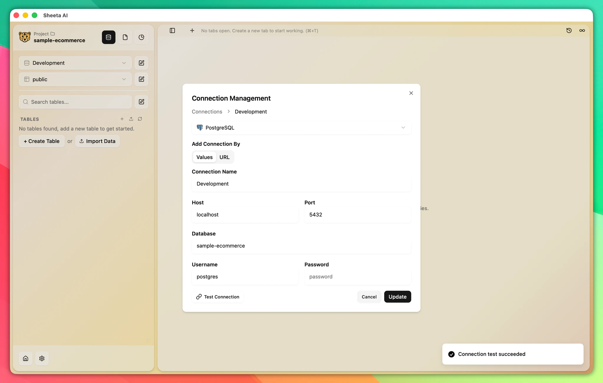 PostgreSQL connection form in Sheeta DB