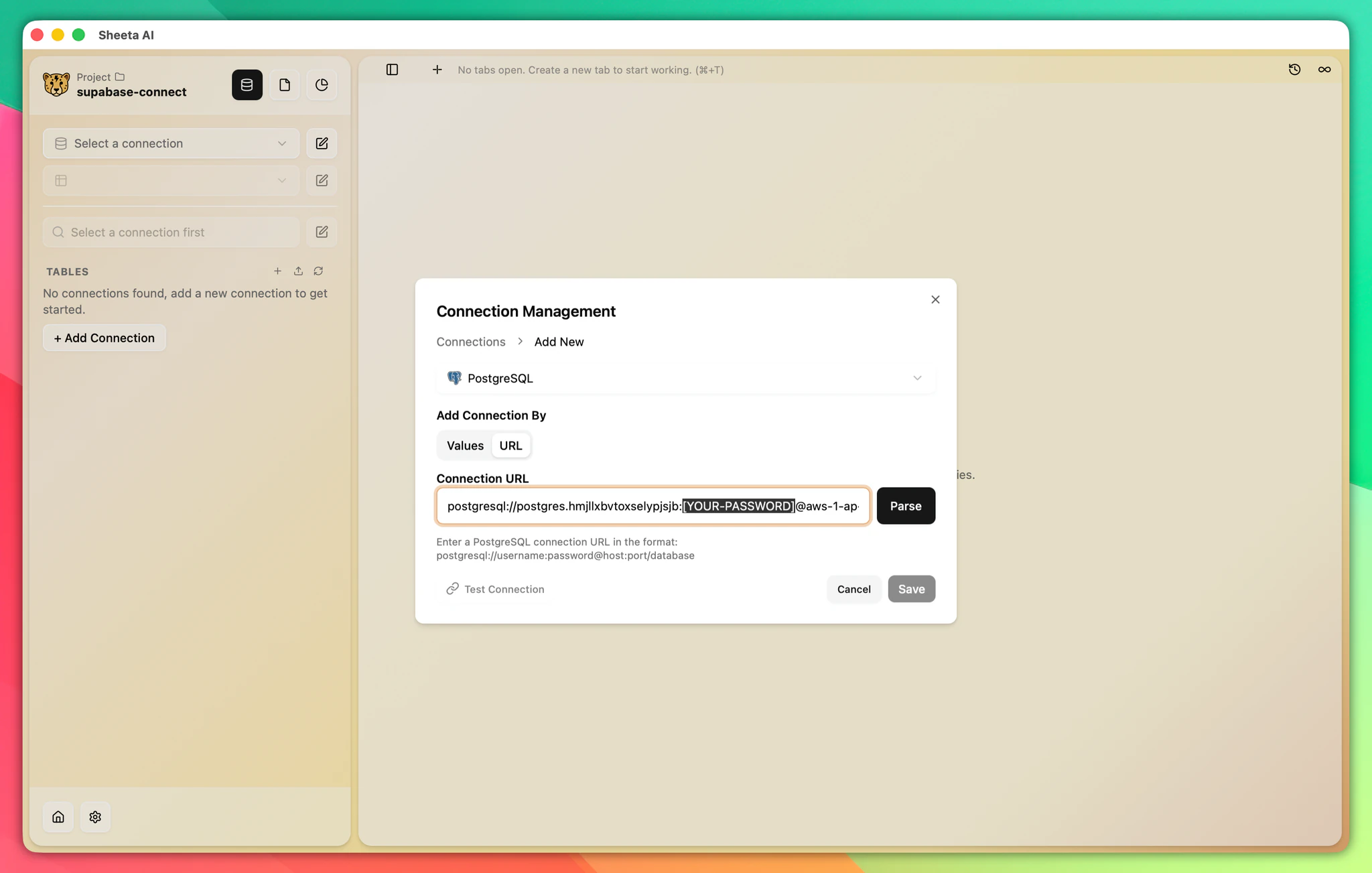 Sheeta DB connection modal with Supabase URL