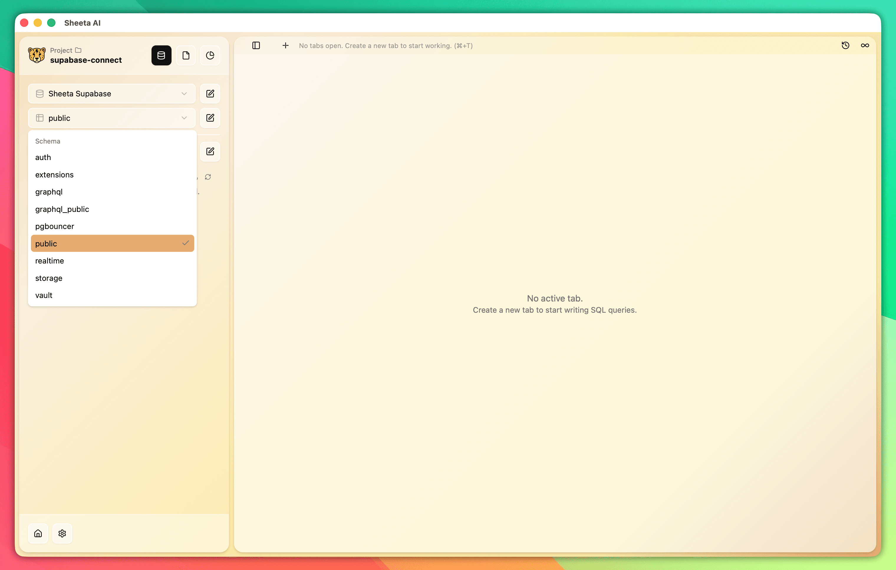 Selecting the public schema in Sheeta AI