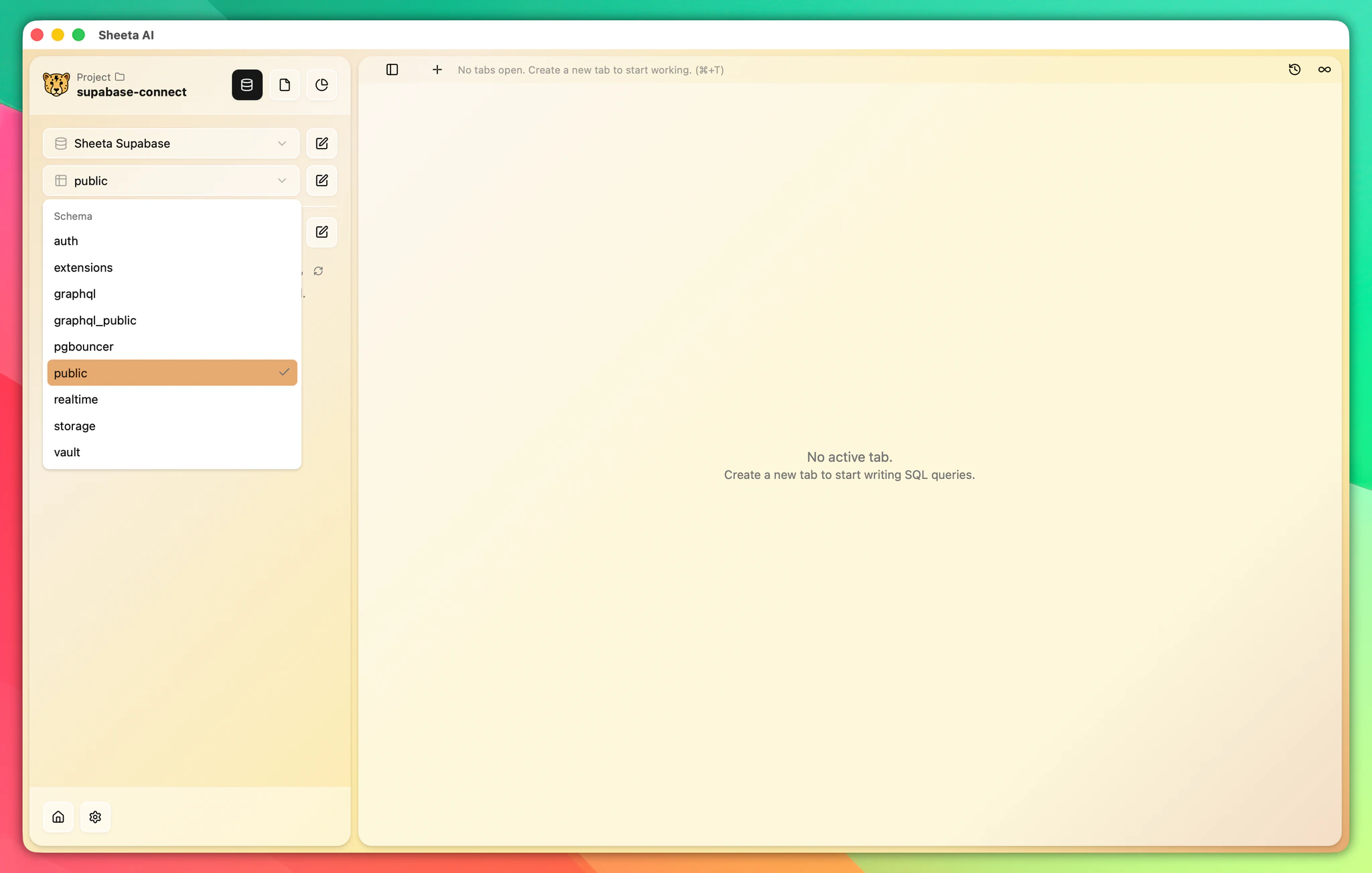 Selecting the public schema in Sheeta DB