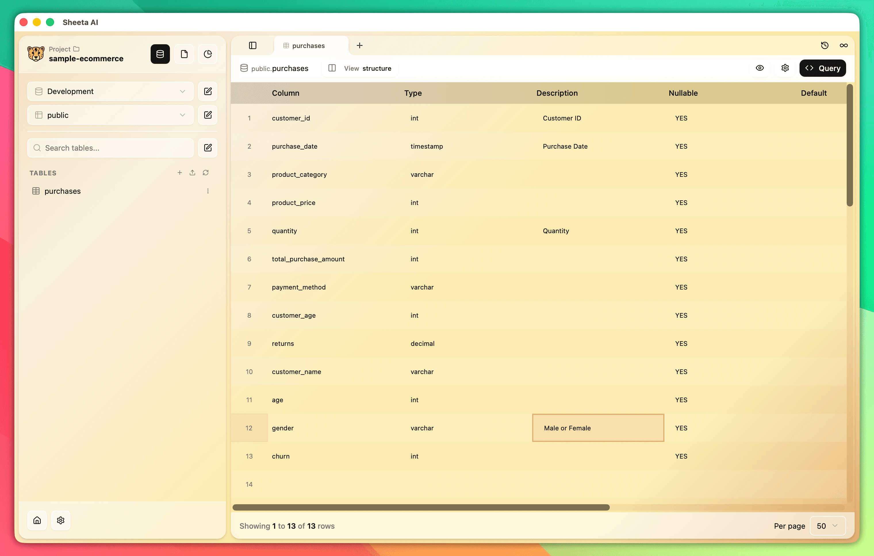 Sheeta AI table metadata