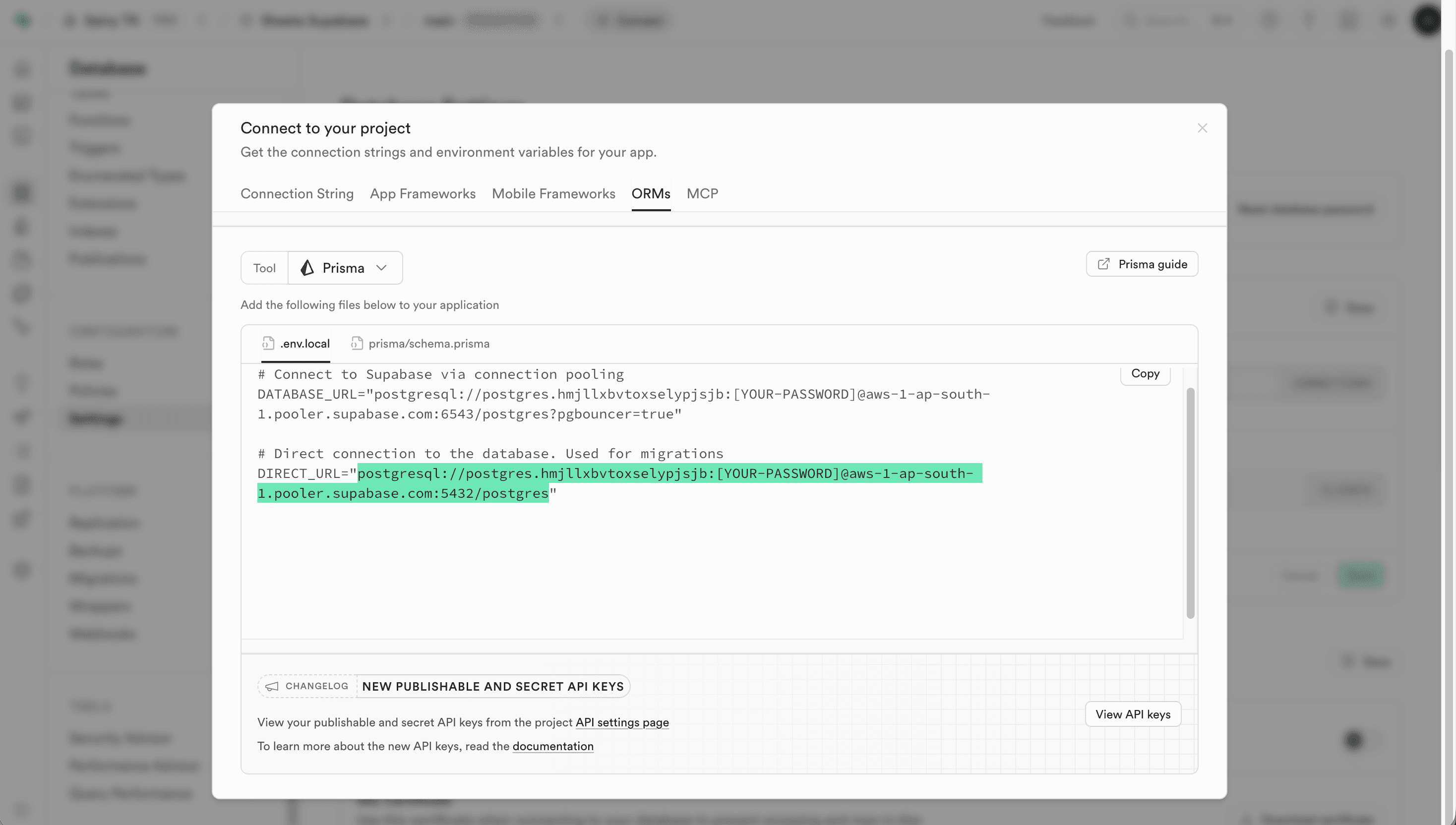 Supabase connection modal with connection URL