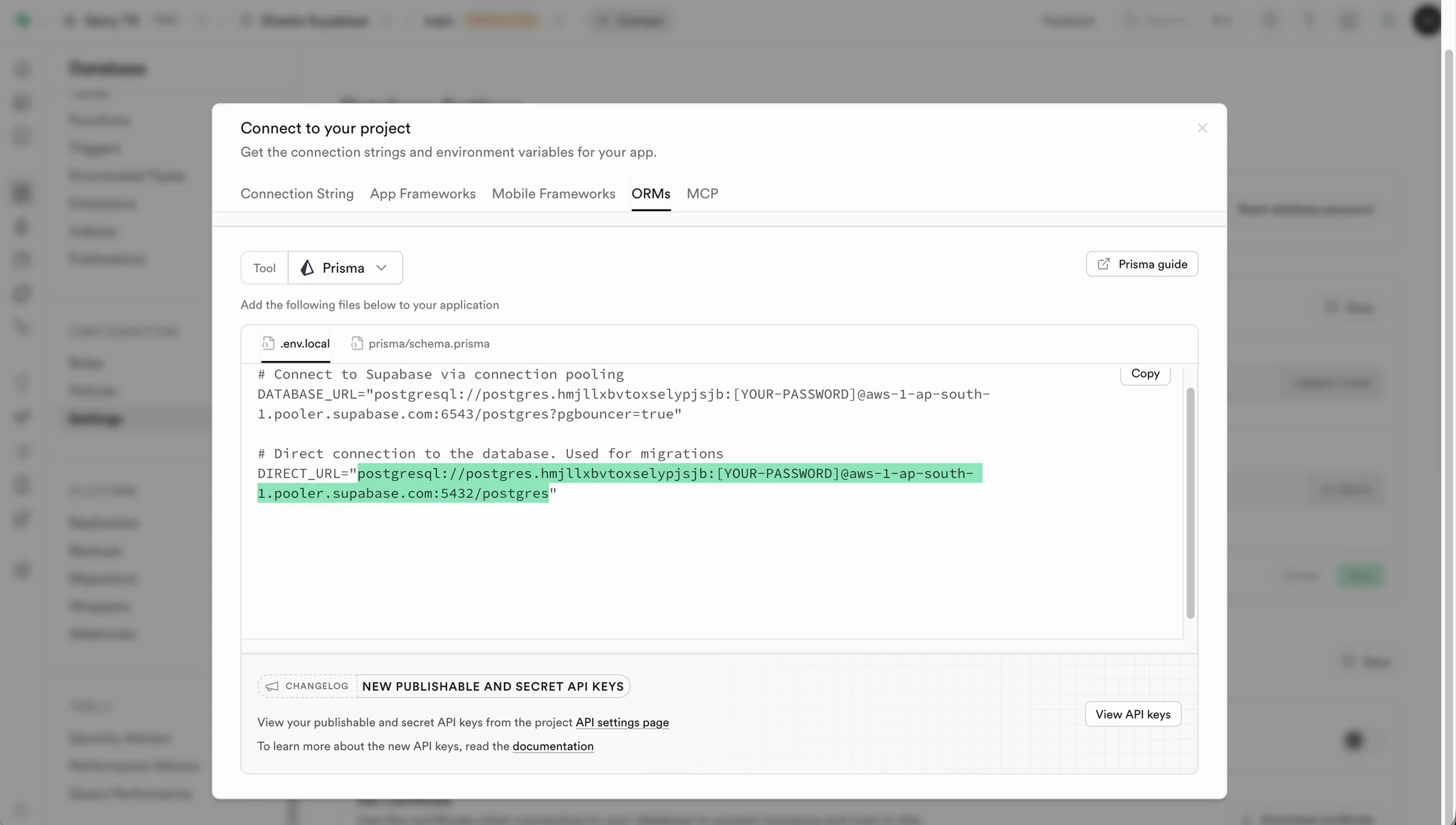 Supabase connection modal with connection URL