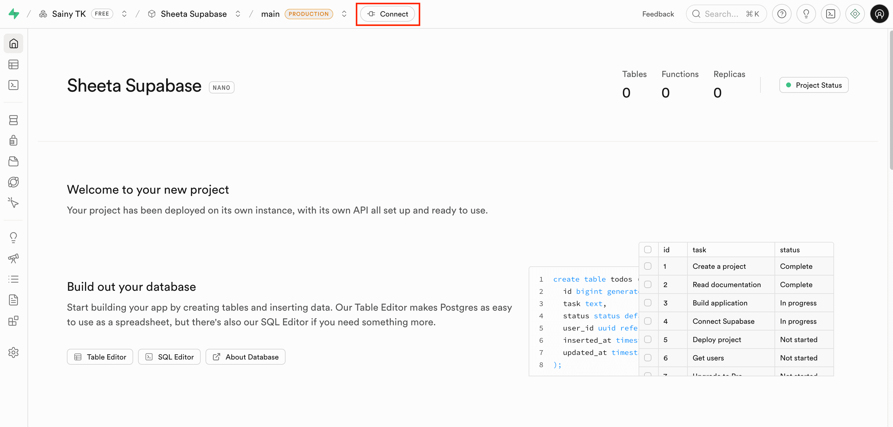 Supabase connection modal with connection URL