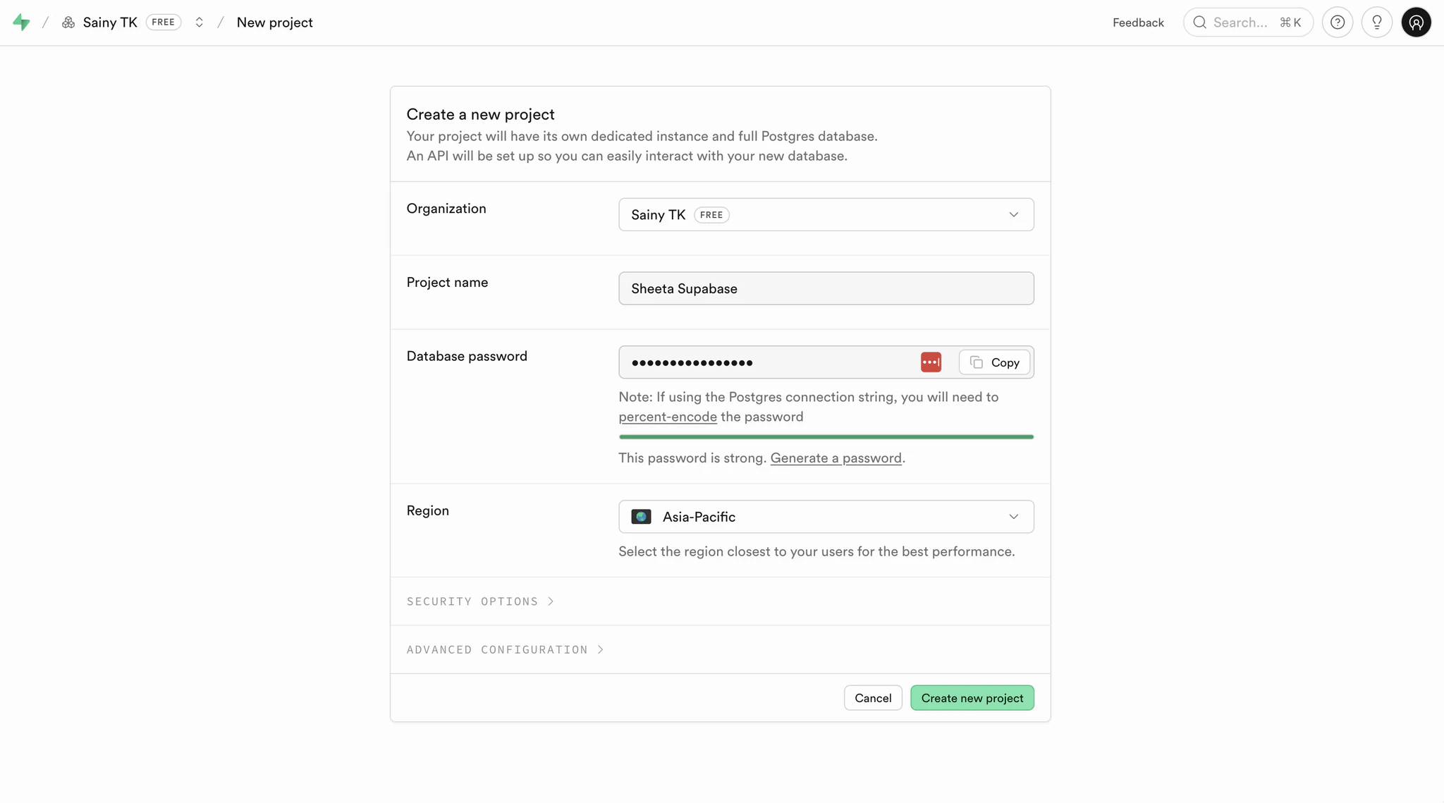 Creating a new Supabase project