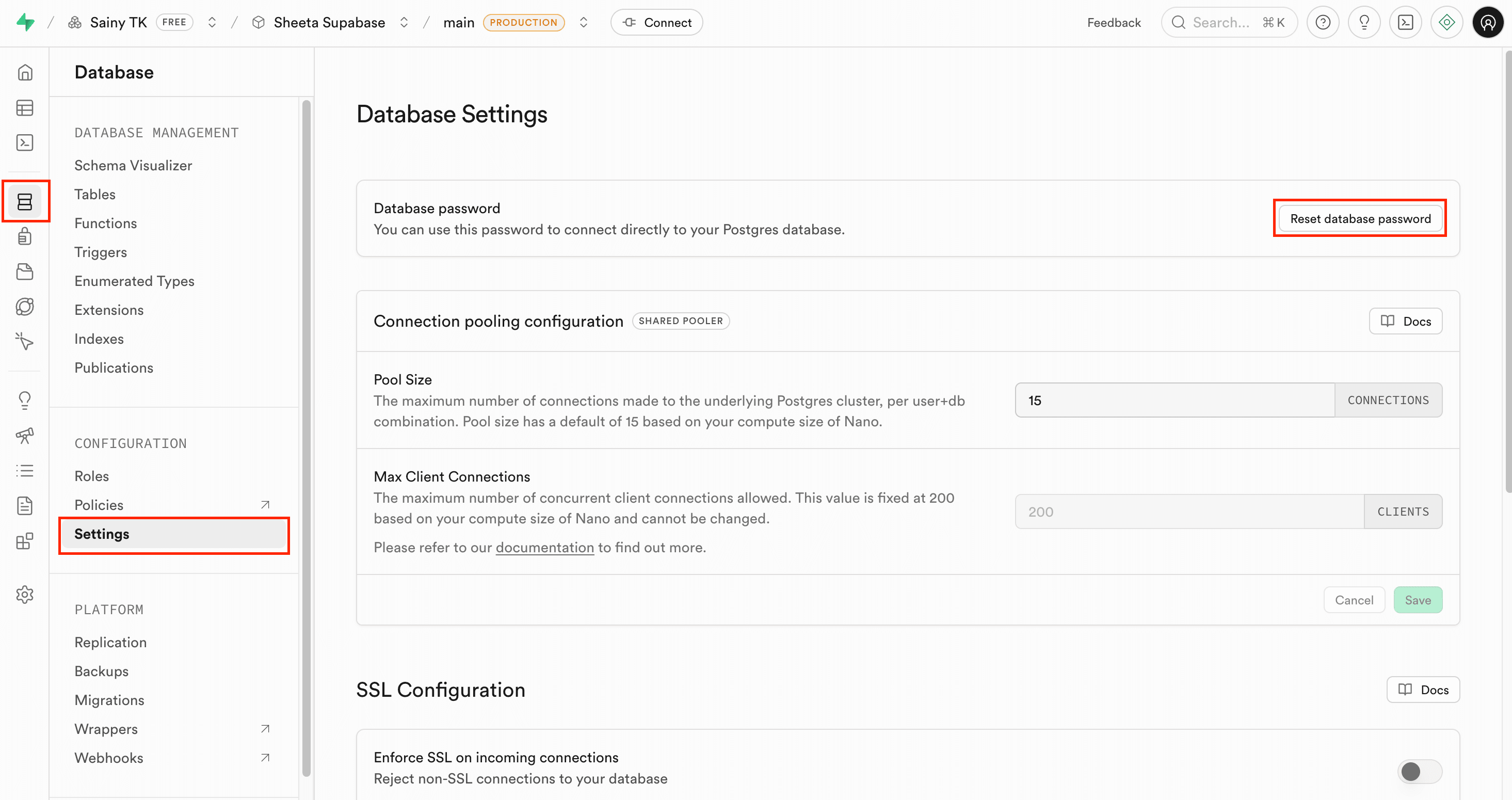Resetting database password in Supabase