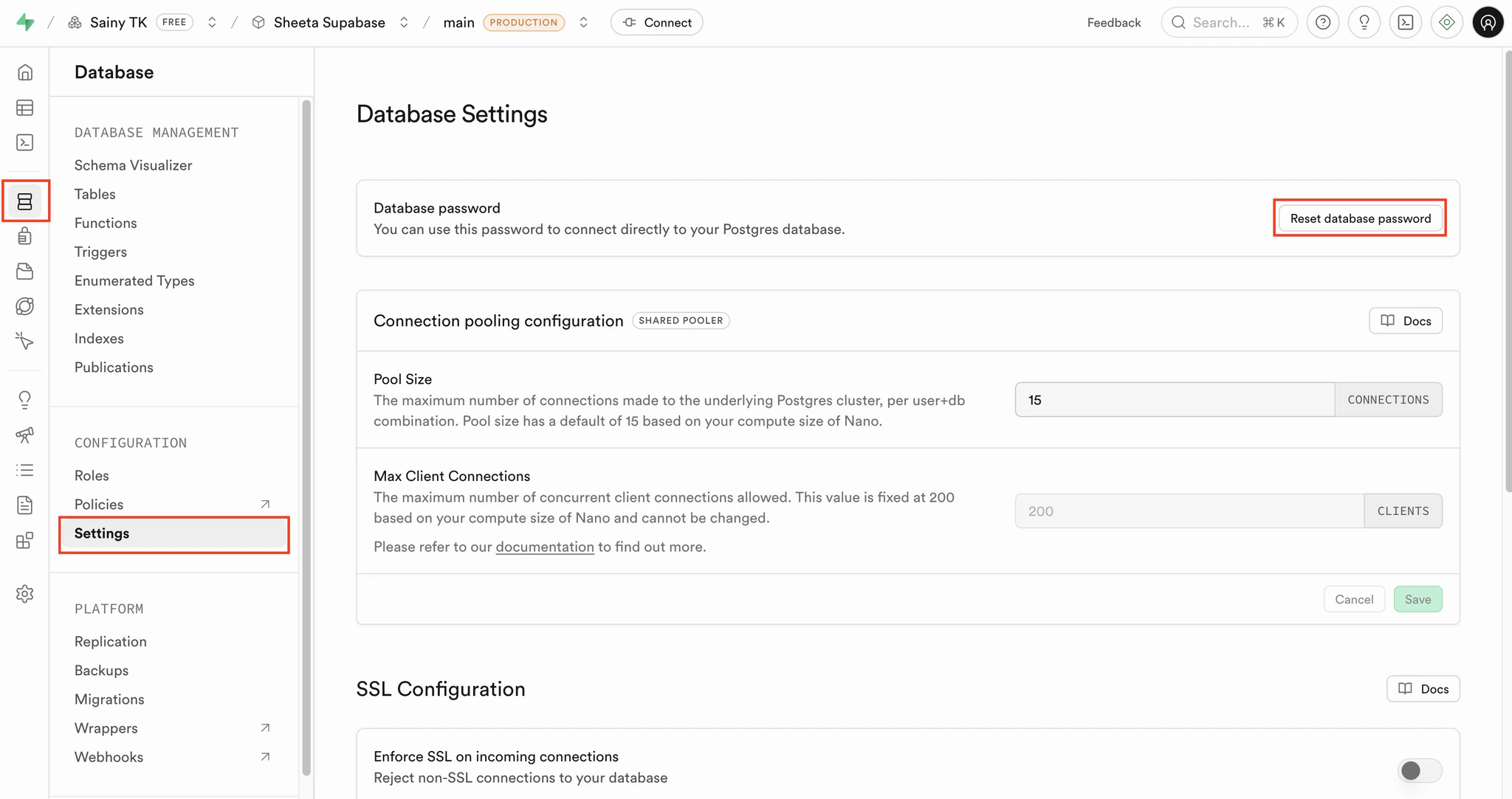 Resetting database password in Supabase